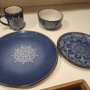 Blue Ceramic Dinnerware Set with Mandala Design